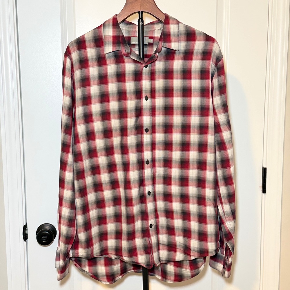 Vince Mens Classic Fit Plaid Button Down Shirt Red White Black Cotton Rayon L